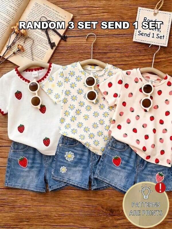 SHEIN Conjunto de 3 peças aleatórias para menina bebé, envio de 1 conjunto, t-shirt de manga curta com estampado fofo de morango e floral e calções estampados, verão, estilo casual, roupa de férias, regresso às aulas, uso diário, presente