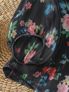 SHEIN LUNE CURVE 復古V領燈籠袖度假風寬鬆休閒大尺碼女款上衣 - 黑色 - 查看 4