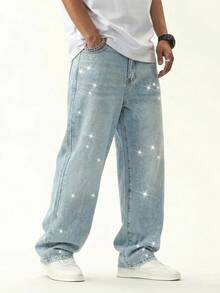 Teen Boy Fashion Shining Sequined Vintage Blue Loose-Fitting Jeans For Rave Outfits Festival - Blue - View 7