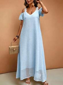Breezaya Plus Size Spring/Summer Casual Vacation Elegant Commute Lace Trim Solid Color French A-Line Dress - Blue - View 3