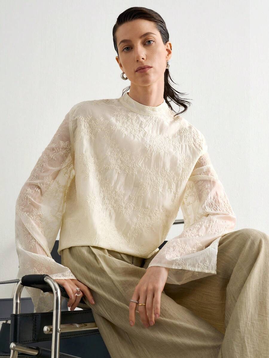 Aalyst 女款立領花卉刺繡圖案休閒百搭日常穿著長袖襯衫