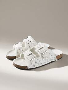 Solecia Sandal Kasual Wanita Ujung Bulat Berhiaskan Rhinestone dan Rumbai untuk Musim Panas - Krem - View 4