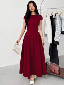 SHEIN 青少年女孩休閒極簡舒適收腰純色長洋裝 - 酒紅色 - 查看 5
