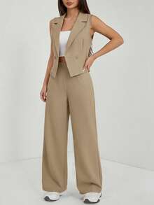 SHEIN PETITE 兩件式秋季女裝套裝 2件/組 素色無袖上衣與長褲 秋季服飾 - 卡其色 - 查看 6