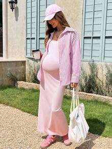 Lyckli Umstandskleid Einfarbig mit Spaghettiträgern und gestreiftes einreihiges Langarmhemd, 2 Stücke Set - Pink - Übersicht 4