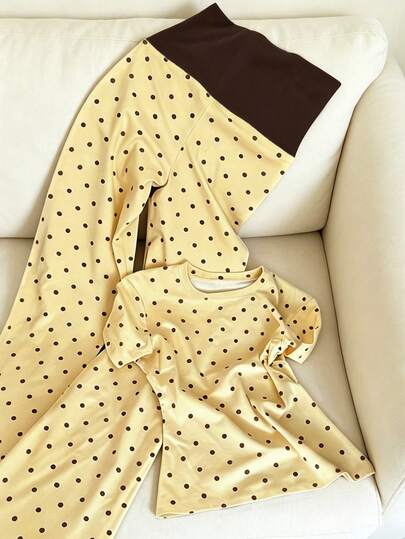 IslaSuriya Women's Polka Dot Print Short Sleeve T-Shirt And Pants Casual Set