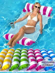 1pc Inflatable Pool Hammock With Mesh - Striped Adult Lounger, Suitable For Vacation, Party And Relaxation, Available In Pink, Yellow, White, Green, Blue And Other Colors, Outdoor Hammock, Essential For Beach And Pool, Great For Photography Must Have - Multicolor - View 5
