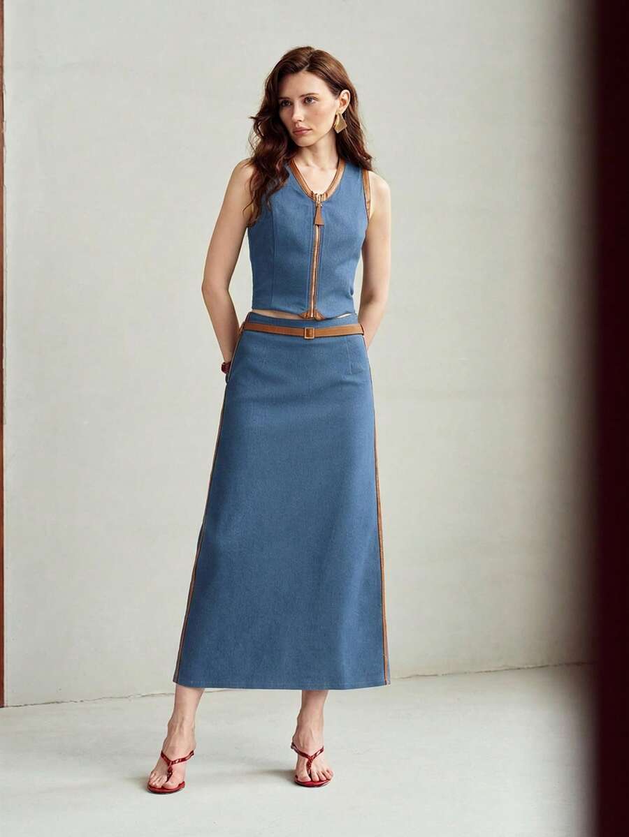 MOTF PREMIUM CONTRAST TRIM SLIT DENIM SKIRT - Medium Wash - View 1