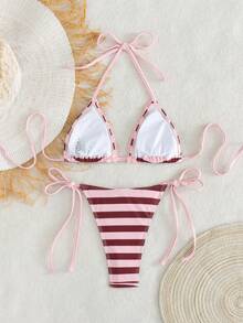 Swim Mod 2件組夏季新款綠色印花性感露背掛脖綁帶女款泳衣 - 淺粉色 - 查看 2