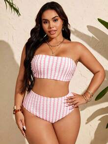 SHEIN Swim Curve 大尺碼女款條紋抹胸比基尼上衣與三角褲兩件式泳衣套裝，適合夏季海灘度假 - 彩色 - 查看 3