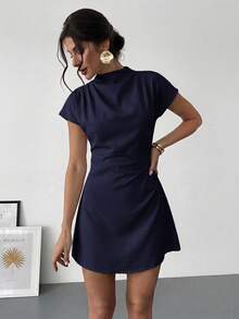 Aloruh Women's Minimalist Ruched A-Line Mini Dress, Suitable For Commuting In Summer,Dresses For Women Summer - Navy Blue - View 3