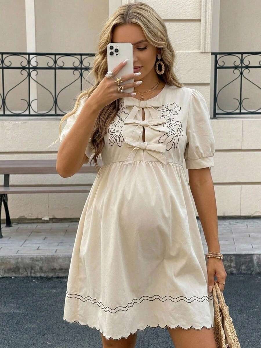 SHEIN 孕婦夏季優雅蝴蝶結泡泡袖拍照洋裝 - 杏色 - 查看 1