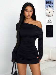 SHEIN PETITE 女款時尚性感素色不對稱領迷你洋裝 黑色露肩洋裝 大腿開衩洋裝 黑色性感洋裝 女款黑色性感套裝 黑色長袖洋裝 黑色緊身洋裝 - 黑色 - 查看 4