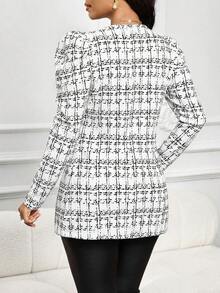 SHEIN Lady 女士优雅格纹印花开襟外套，适合婚礼宾客、教师秋冬季穿着 - 白色 - 查看 2
