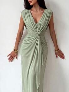 Aloruh Women's Spring/Summer New Sage Green Mesh A-Line Dress Suitable For Wedding Date Dinner Going Out Party Beach Elegant - Green - View 7