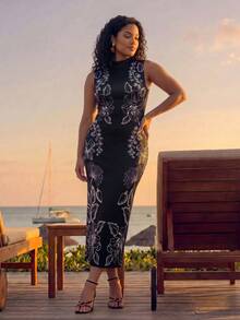 CAJUNI Plus Size Women's Floral Print Fashionable Elegant Vacation Dress - Black and White - View 4