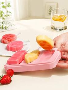 1Pc Cute Shapes Silicone Popsicle Molds With Lids Reusable Ice Cream Mold Popsicle 4 Cavities Maker Homemade DIY Set - Pink - View 8