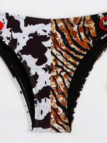 Bonvoyette Women's Tiger & Cow Print Random Pattern Summer Sexy V-Neck Halter Tie Strap Double Shoulder Strap Top & Side Tie Triangle Bikini Set - Multicolor - View 5