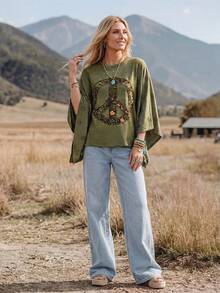 Wildy Tenue d'été décontractée BOHO style western country avec patchwork blocs de couleurs pour femme, top ample asymétrique basique pour sorties et trajets quotidiens - Militaire verte - Voir 8