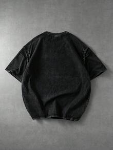 ROMWE MEN Men's Patchwork Washed Round Neck Short Sleeve T-Shirt, Spring/Summer - Black - View 3
