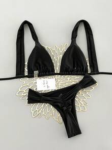 SHEIN Swim 女款性感海灘度假純色時尚熱門色掛脖綁帶＋後背綁帶比基尼上衣，性感抓皺後背＋側腰抓皺設計比基尼褲，街頭風音樂節派對泳池泳衣套裝 - 黑色 - 查看 2
