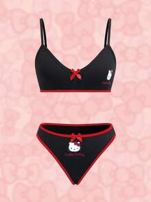 HELLO KITTY AND FRIENDS | SHEIN Set Pakaian Dalam Wanita dengan Hiasan Pita - Hitam - View 1