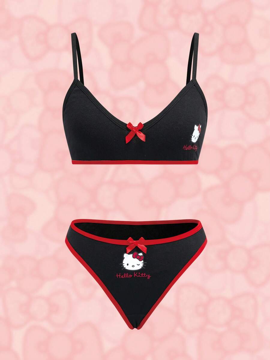 HELLO KITTY AND FRIENDS | SHEIN Set Pakaian Dalam Wanita dengan Hiasan Pita - Hitam - View 1