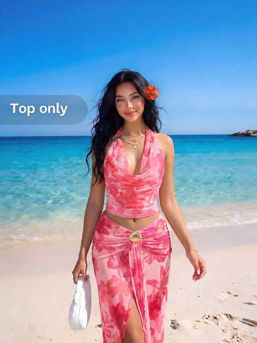 Sweetina 性感花卉印花不對稱金屬裝飾女款背心,適合度假 - 粉色 - 查看 1