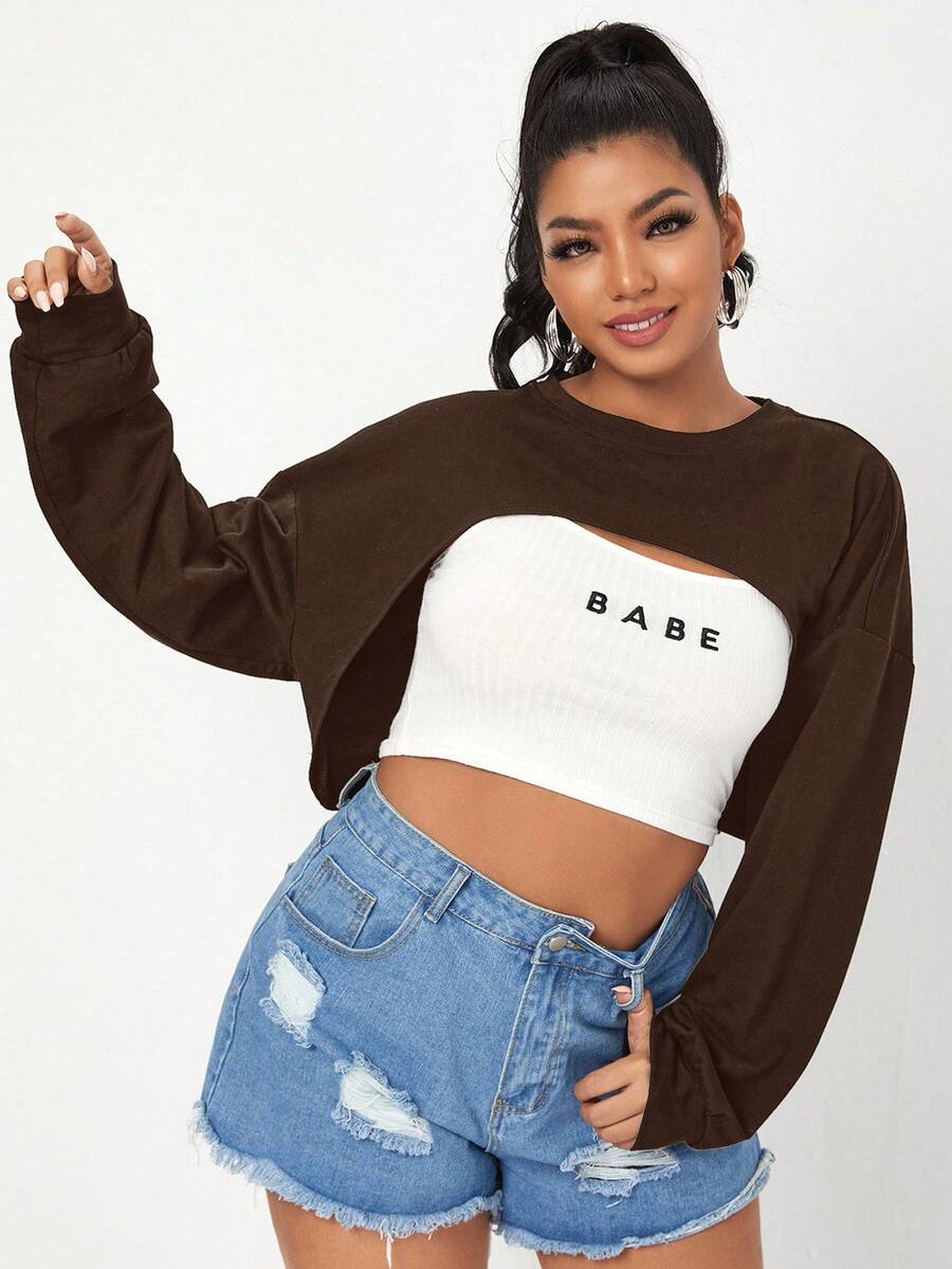 SHEIN EZwear Women's Plus Size Patchwork Long Sleeve Short Sweatshirt - Chocolate Brown - View 1