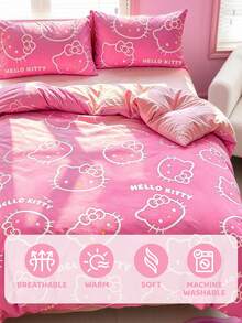 HELLO KITTY AND FRIENDS | SHEIN 3件組可愛卡通印花被套組，磨毛材質，柔軟保暖，多尺寸可選，適用單人床/雙人床/加大雙人床/特大床 - 深粉色 - 查看 7