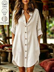 SHEIN Women's Spring/Summer New Striped Casual Vacation Shirt Dress - Coffee - View 1