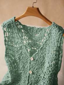 Elaquor Plus Size Solid Color Hollow Knit Vest For Vacation Casual Wear - Green - View 5