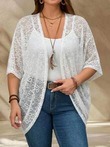 EMERY ROSE Cardigan de encaje de unicolor talla grande para uso casual en vacaciones - Blanco - Ver 3
