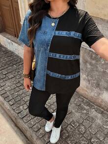 Comfylo 大码女装夏季彩色条纹圆领短袖T恤高腰彩色条纹长款打底裤两件套 - 彩色 - 查看 6