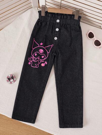 HELLO KITTY AND FRIENDS | SHEIN 少女卡通印花鈕扣設計休閒牛仔褲
