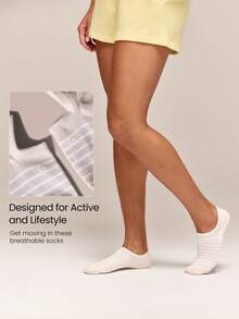 GLOWMODE 3 Pairs Invisible No-Show Socks Walk A Mile Soft Grip Daily Studio Workout Gym - White+ Apricot+Black Stripe - View 6