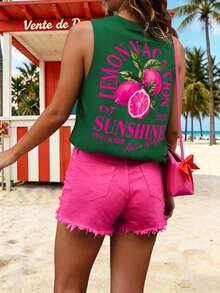 DrmWander Plus Size Vacation Casual Lemon Print Tank Top - Green - View 4