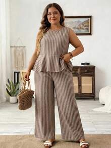 SHEIN LUNE Plus Size Women's Beige Ruffle Hem Sleeveless Shirt And Wide Leg Pants Casual Two Pieces Set Vacation Summer Wedding Guest - Multicolor - View 2