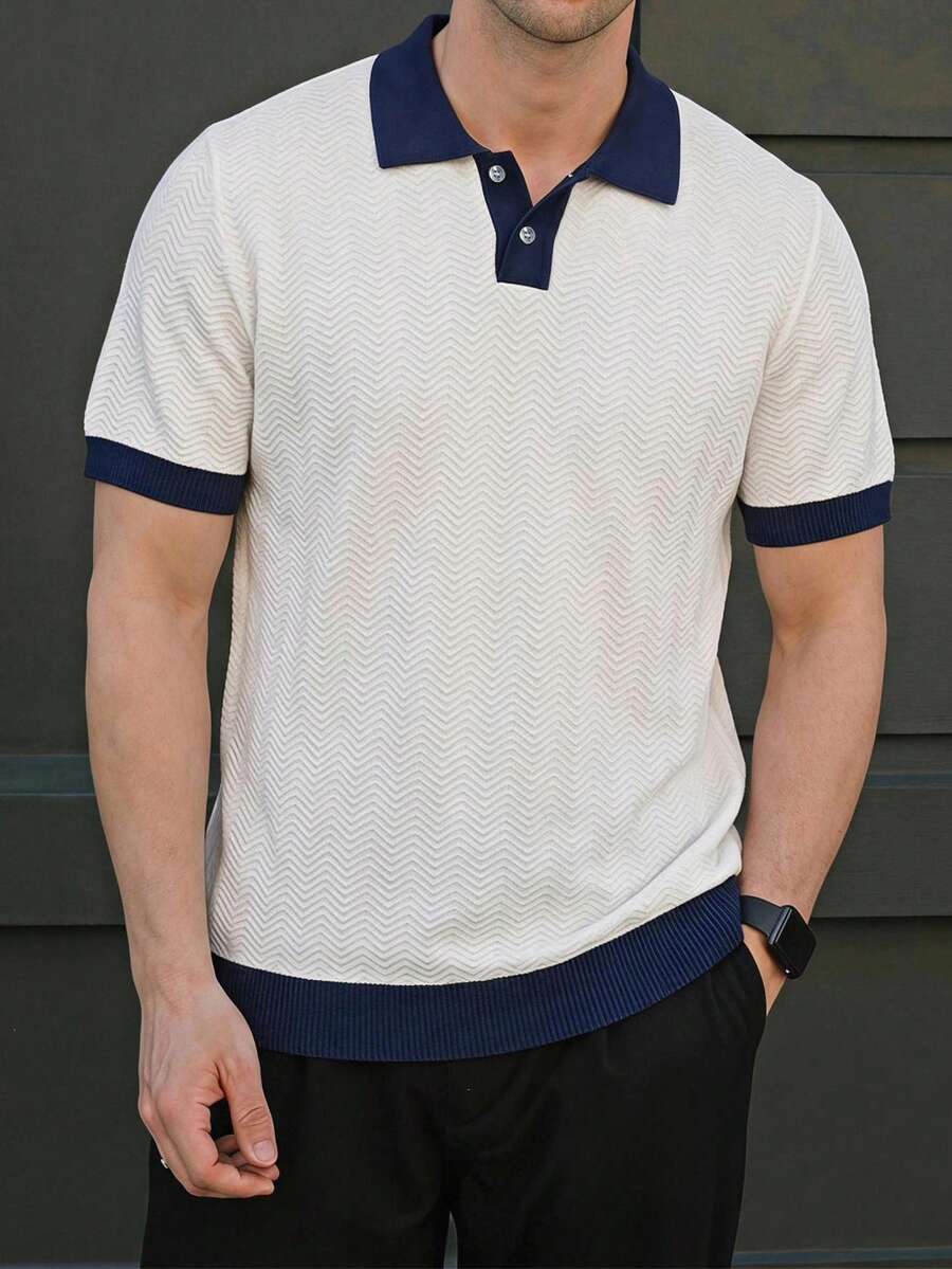 DAZY Men's Colorblock Short Sleeve Polo Collar Knit Top - White - View 1