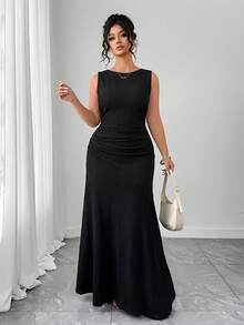 SHEIN Clasi Women's Elegant Formal Dress, Sleeveless Round Neck A-Line Silhouette, Ruched Waist Design, Solid Color Knit Fabric Cocktail Black Summer Evening - Black - View 7