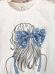 SHEIN 青少年女孩優雅復古可愛針織小女孩印花蝴蝶結T恤與碎花長裙兩件套，適合度假、休閒、假日、午餐、音樂節、外出，蝴蝶結荷葉邊下擺T恤 - 藍色 - 查看 4