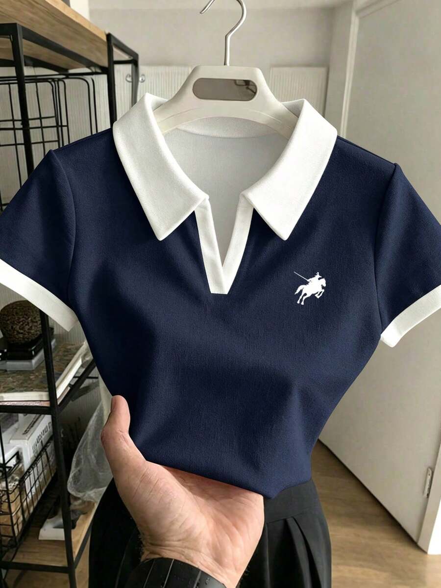 Rovax 美式馬術小條紋印花女款短腰對比色 Polo T恤 - 藏蓝色 - 查看 1