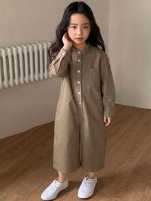 Dazy Kids 女童純色休閒短袖舒適連身褲 夏季 - 卡其色 - 查看 3