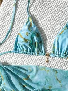 Swim Vcay Women's Spring/Summer Random Print Halter Neck Metal Decor Skirt 3-Piece Bikini Set - Multicolor - View 6