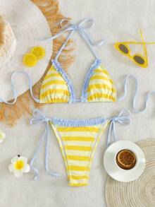 Swim Mod 2件組夏季新款綠色印花性感露背掛脖綁帶女款泳衣 - 淡黃色 - 查看 1