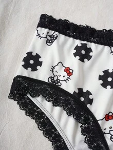 HELLO KITTY AND FRIENDS | SHEIN 女款字母卡通印花對比蕾絲內褲 - 黑與白 - 查看 4