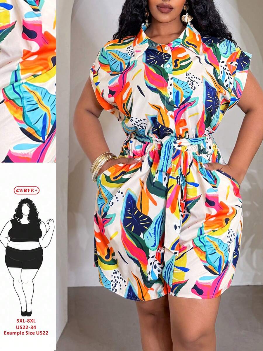 SHEIN CURVE+ Spring/Summer New Plus Size Versatile Casual Beach Vacation Short Sleeve Jumpsuit/Rompers For Women/Bohe/Music Festival/Easter/St. Patrick's Day/Beige - Multicolor - View 1