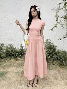 SHEIN Teen Girl Teen Girl Casual Minimalist Comfortable Cinched Waist Solid Color Long Dress - Pink - View 7