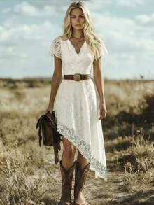 SHEIN LUNE White Elegant Notched Collar Contrast Lace Asymmetric Hem Dress White Lace Irregular Midi Dress - White - View 3