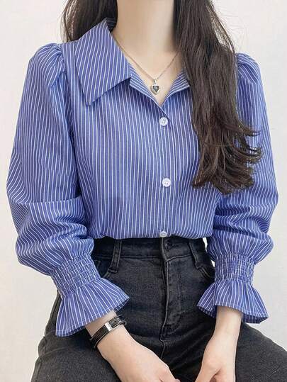 DAZY Women's Striped Lapel Short Sleeve Lantern Sleeve Loose Blouse, Spring Summer Autumn